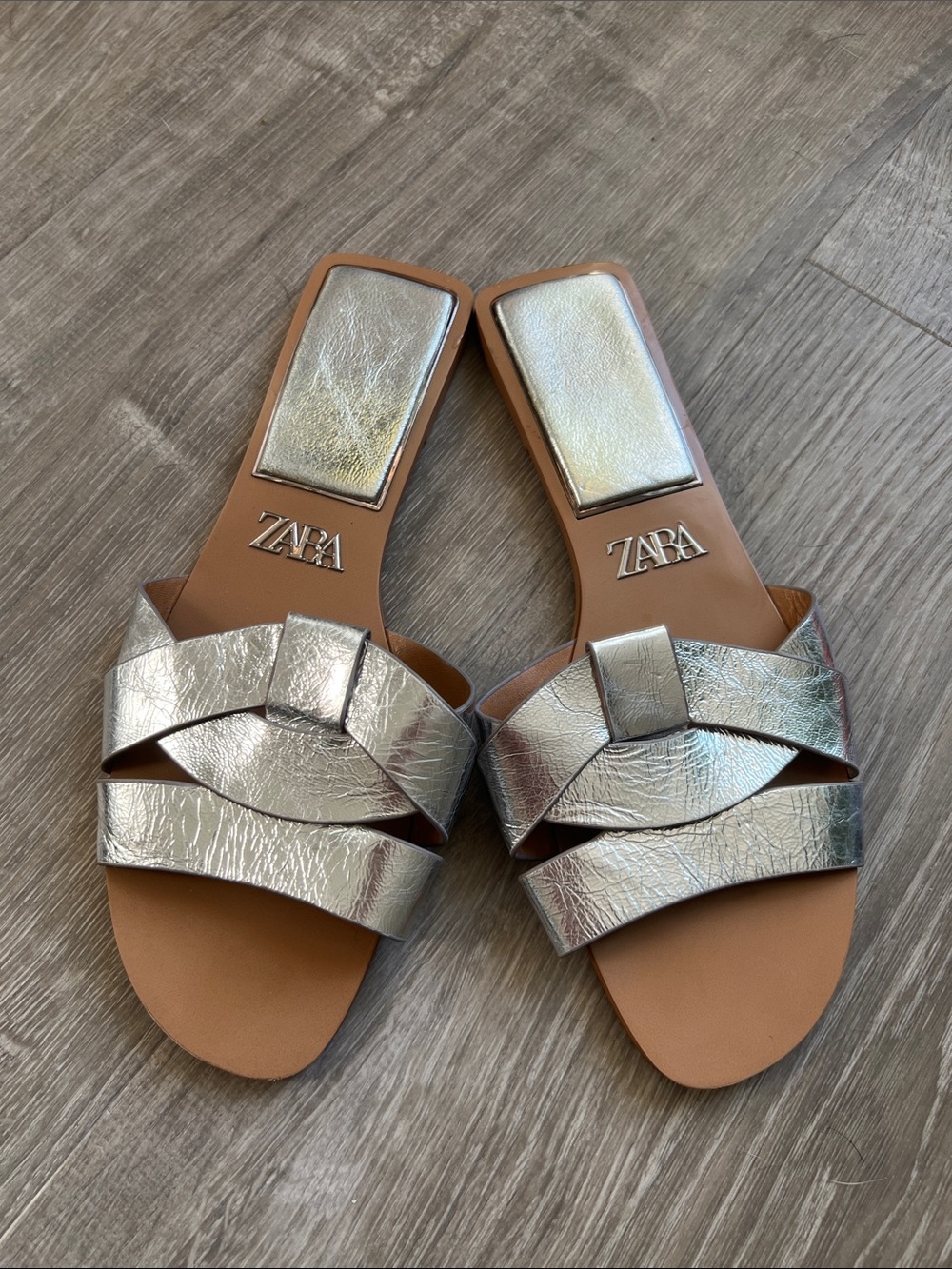 Zara Metallic Silver Leather Slide Mules